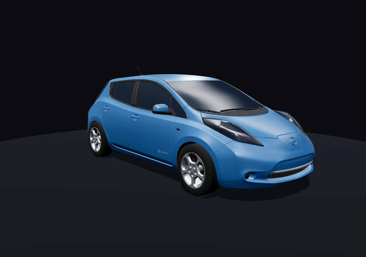 A blue first-generation Nissan Leaf, shown from the front three-quarter view